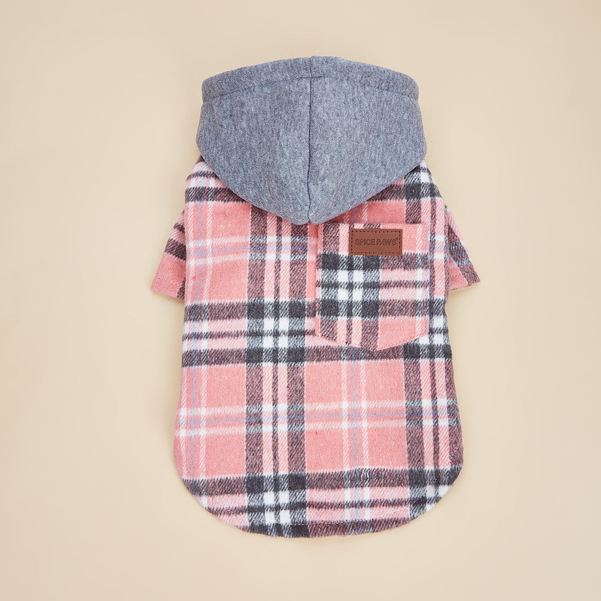 Pink plaid pet hoodie with peachy pink and blue check pattern and light blue hood for cozy comfort and style