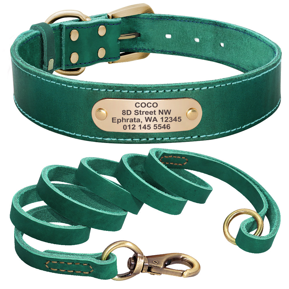 Personalized teal blue genuine leather pet collar with engraved tag, featuring a sturdy buckle and decorative stitching.