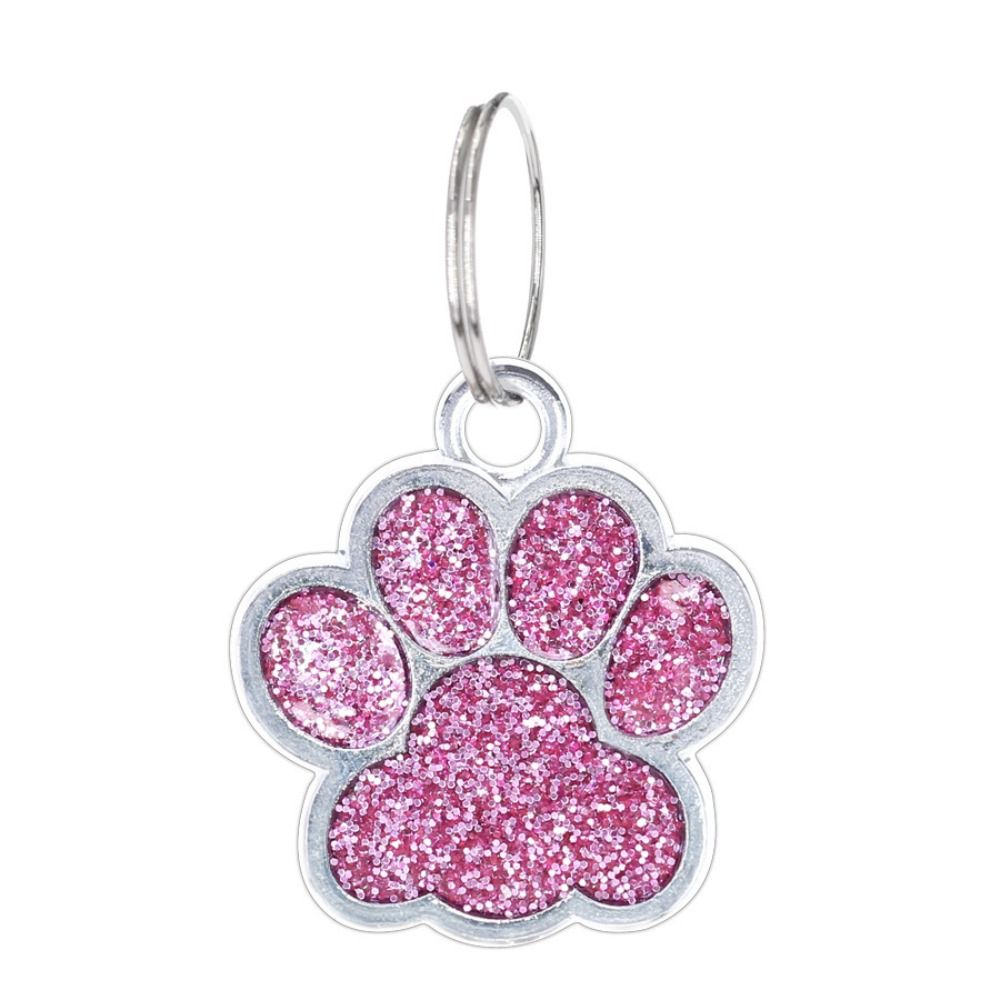 Glitter paw print collar charm in pink sparkly design with silver outline and keyring attachment