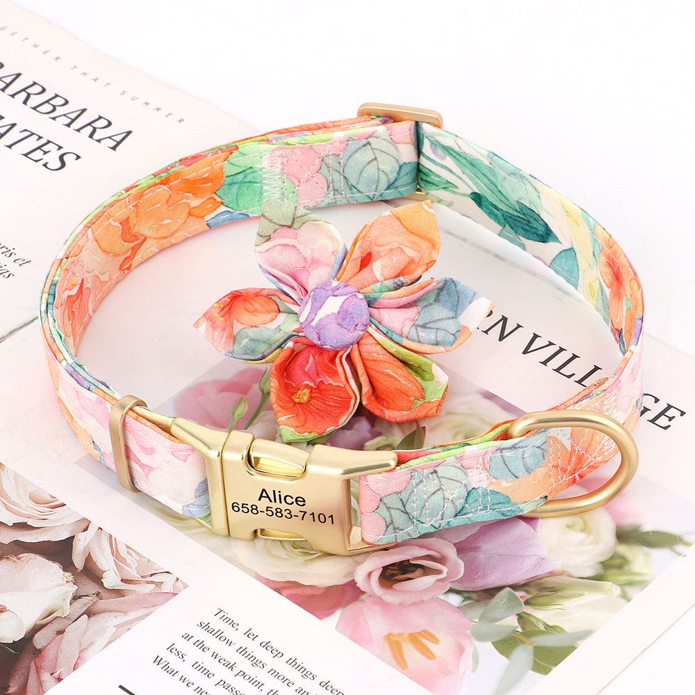 Floral Blossom Flower Pet Collar with pastel floral design and flower accent on gold buckle