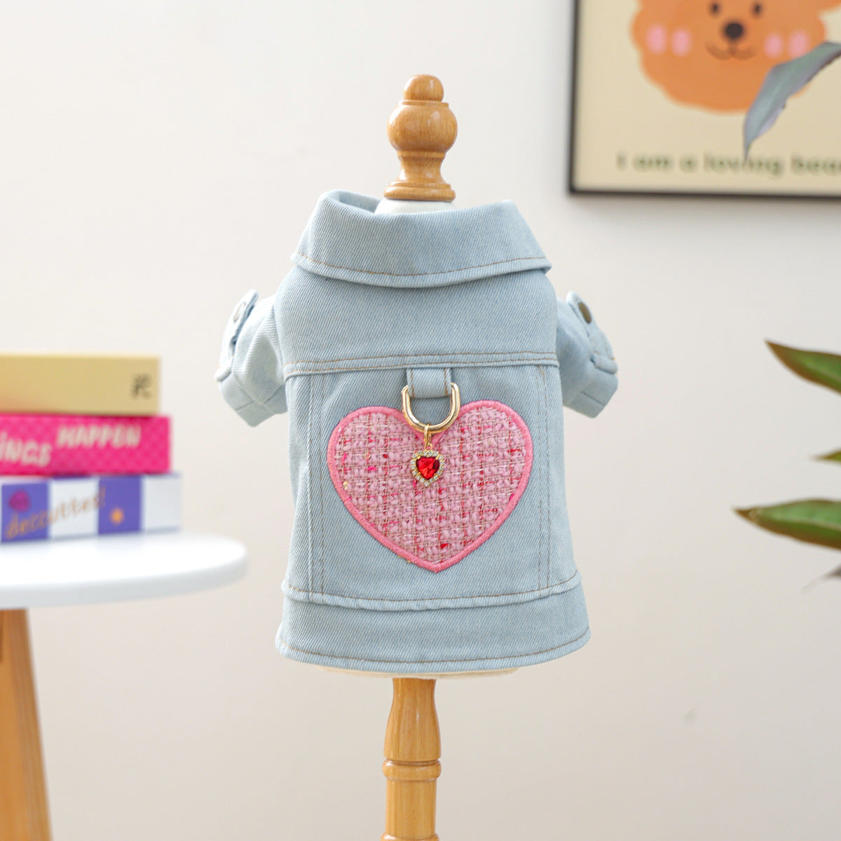 Pink denim pet vest with heart design from Pet Panache Boutique, featuring a stylish and cozy accessory for small dogs.