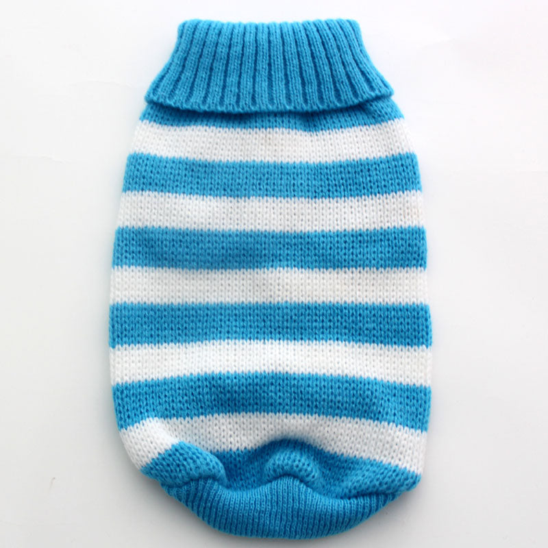 Blue and white striped pet sweater with cozy turtleneck collar