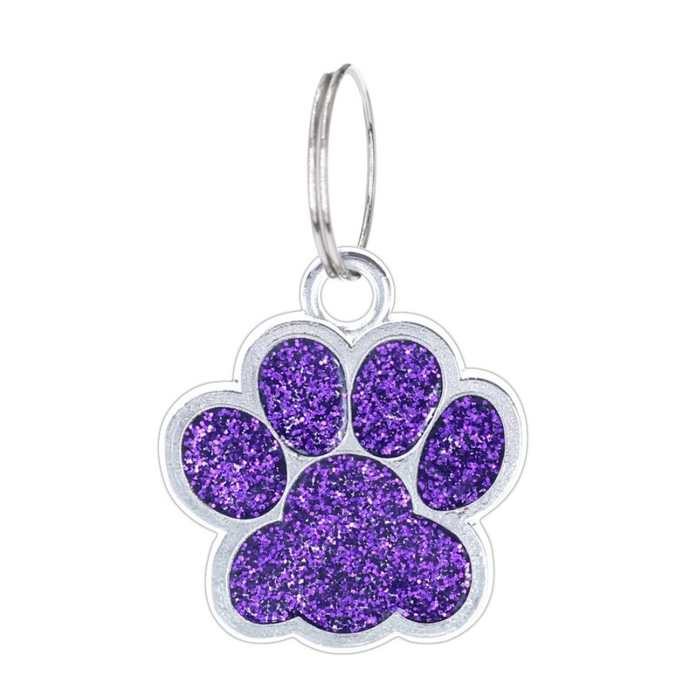 Purple glitter paw print collar charm with silver outline and keyring attachment
