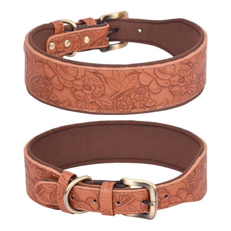 Brown floral engraved leather pet collar with brass buckle and comfortable lining