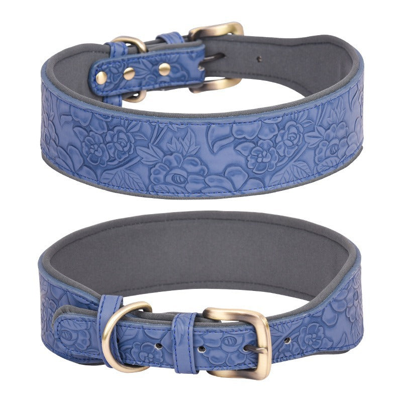 Light blue floral engraved leather pet collar with alloy steel buckle