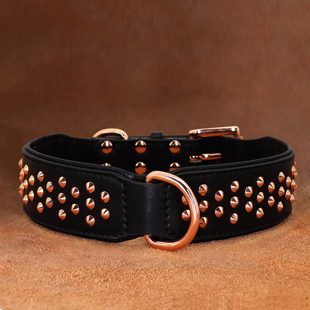 Black leather pet collar with gold studs from Pet Panache Boutique, showcasing a stylish and durable design for dogs or cats.