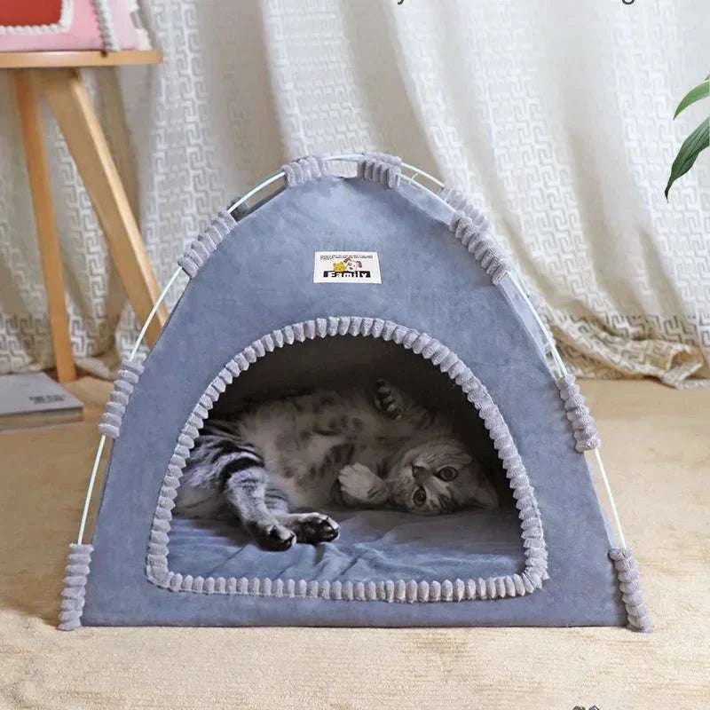 Cornflower blue cushioned pet tent bed by Pet Panache Boutique, cozy and soft for small pets to rest comfortably.