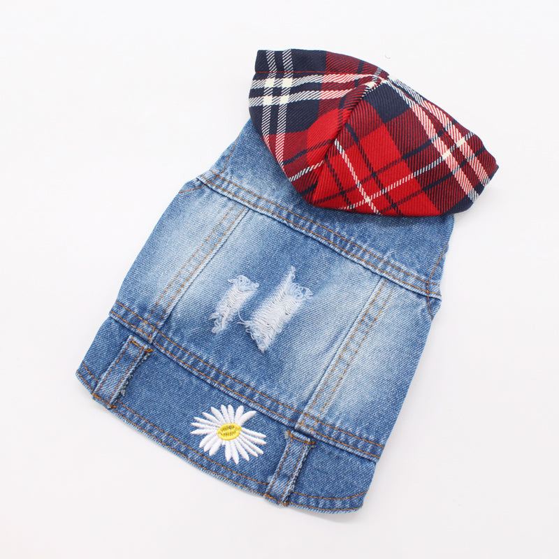 Daisy denim plaid pet vest with hood, stylish pet clothing by Pet Panache Boutique, displayed on a small dog.