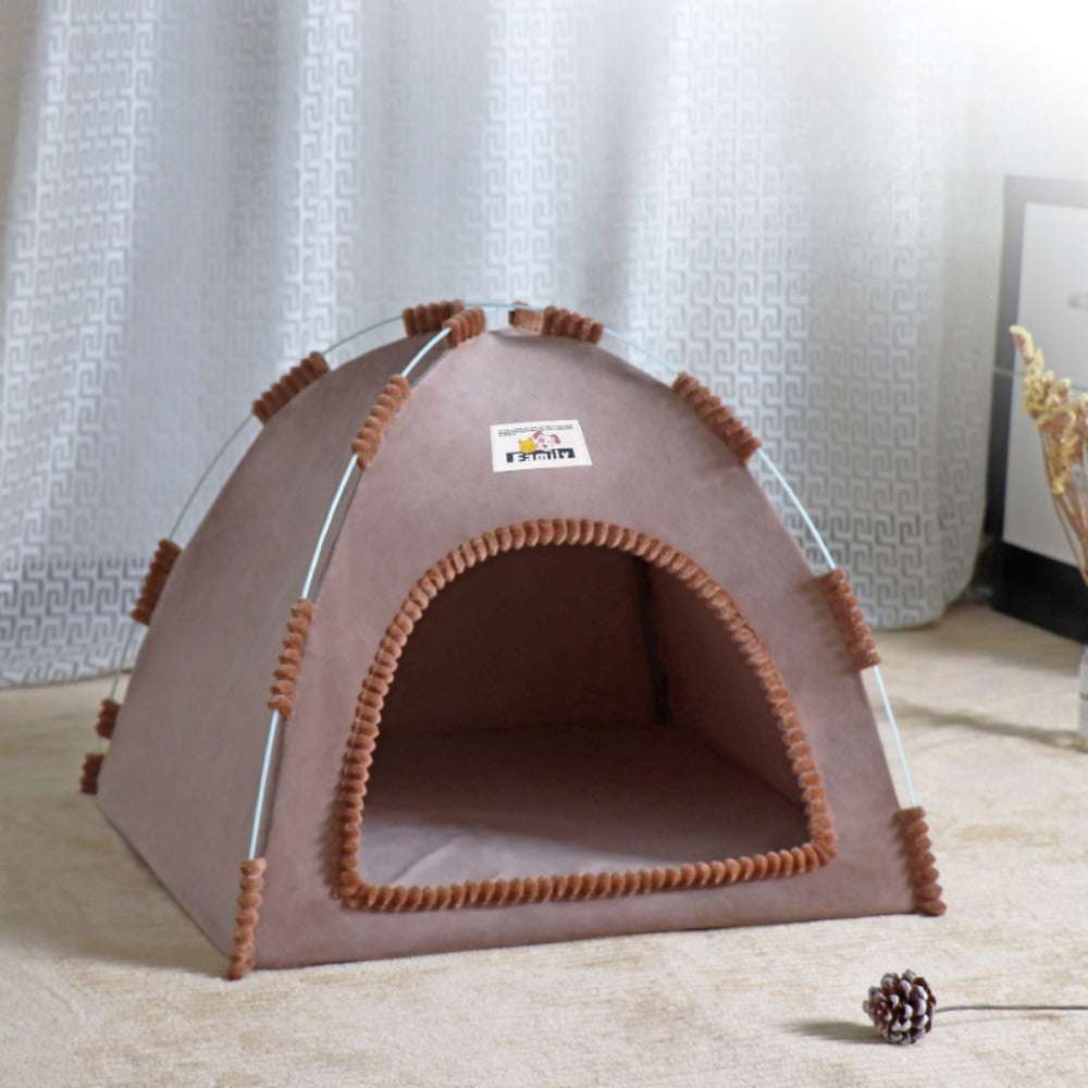 Blue or brown denim pet tent bed by Pet Panache Boutique, cozy and stylish pet bed with tent design for small pets.