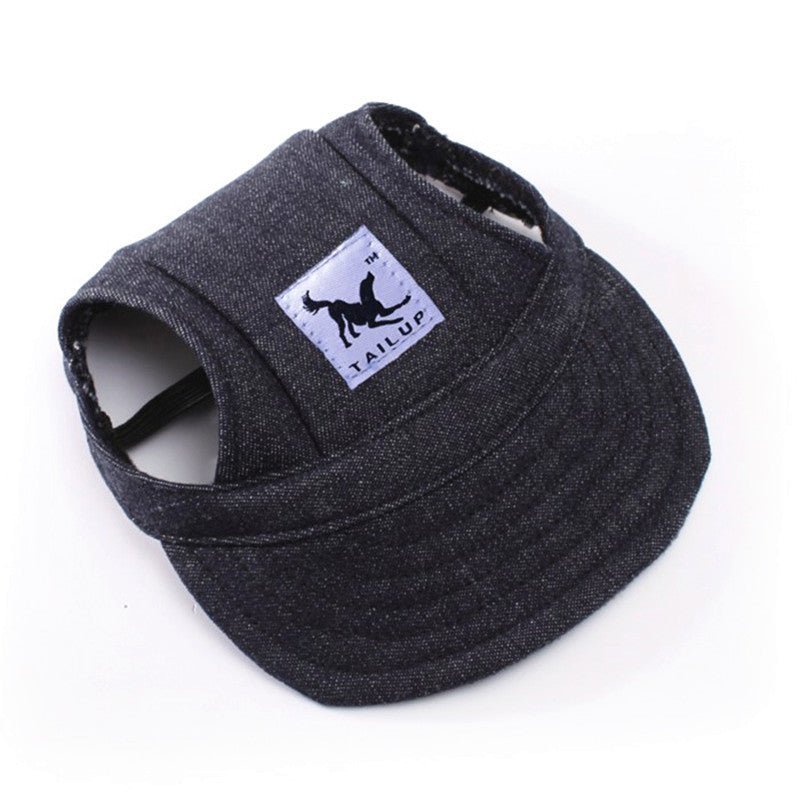 Navy denim pet hat with adjustable strap and cute brim, designed for small dogs or cats from Pet Panache Boutique.