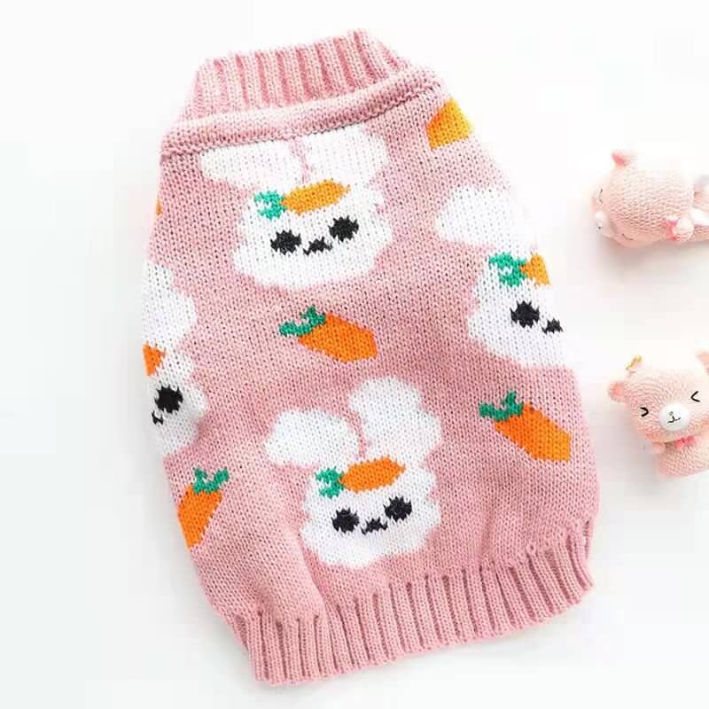 Easter Pet Sweaters in pink with bunny and carrot design, made of quality materials for stylish pet wear.