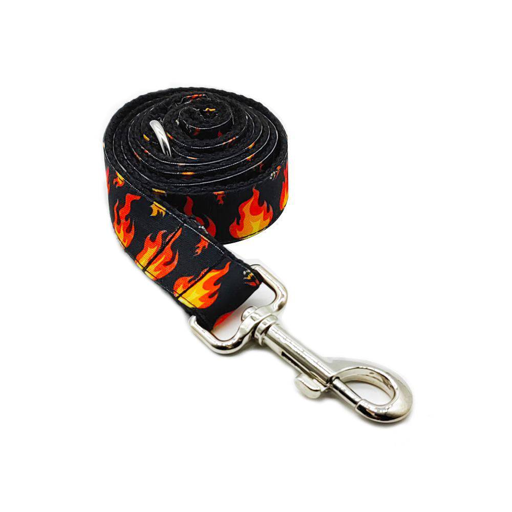 Personalized flame pet collar and leash set from Pet Panache Boutique featuring vibrant flame design for dogs or cats.