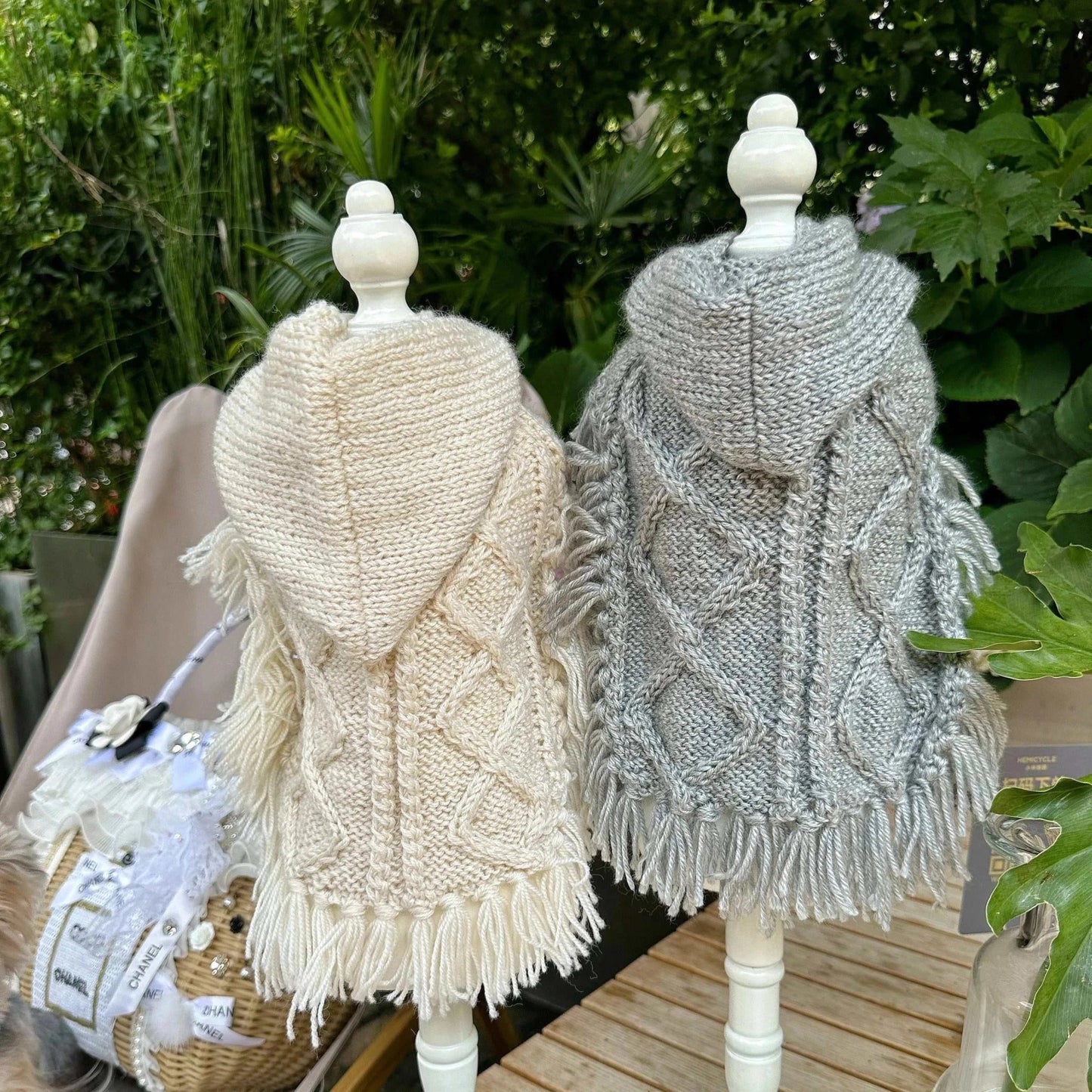 Pet Panache Boutique fringed knit pet sweater poncho with hoodie, cozy and stylish for small dogs or cats.