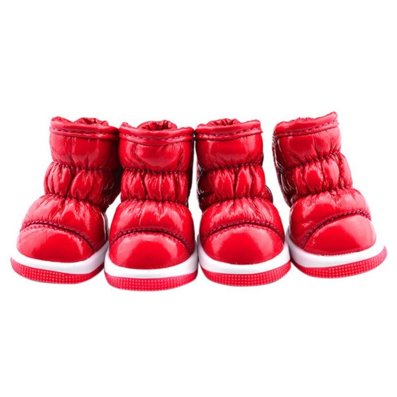 Metallic red Pet Boots by Pet Panache Boutique, showcasing shiny red protective footwear for pets.