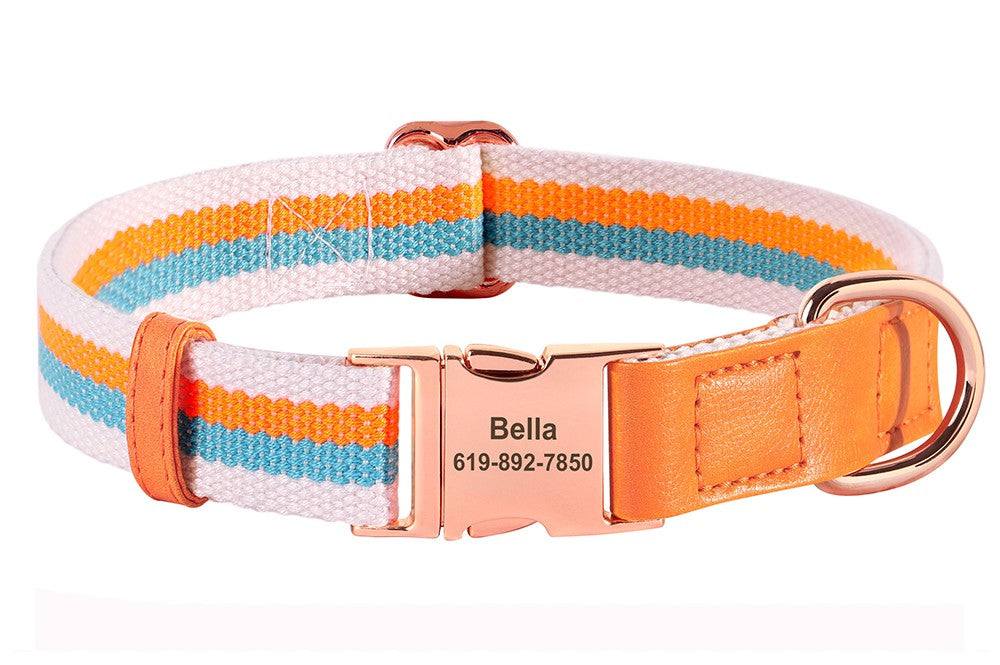 Multi-colored striped personalized Pet Panache Boutique Air Tag pet collar with adjustable straps and custom engraving.