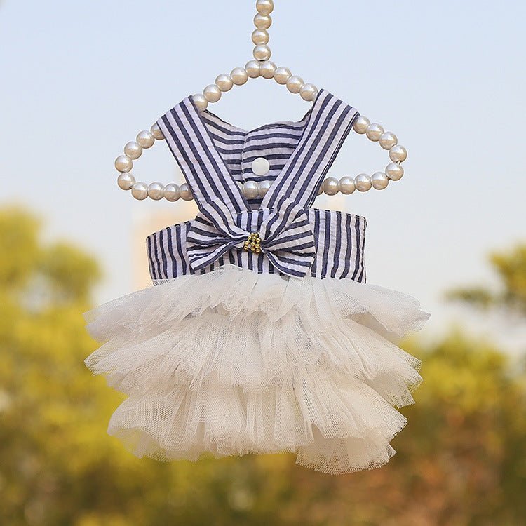 Navy striped pet tutu dress from Pet Panache Boutique, featuring a cute tulle skirt and soft fabric for small dogs or cats.