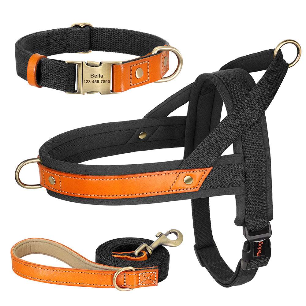 Personalized black pet harness, collar, and leash set from Pet Panache Boutique, designed for comfortable and stylish pet walking.