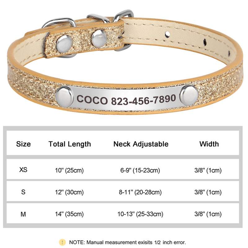 Personalized gold leather glitter pet collar with engraved name tag, stylish and adjustable for cats and dogs.