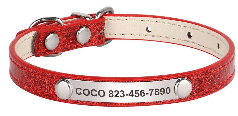 Personalized Red Leather Glitter Pet Collar - Pet Panache Boutique