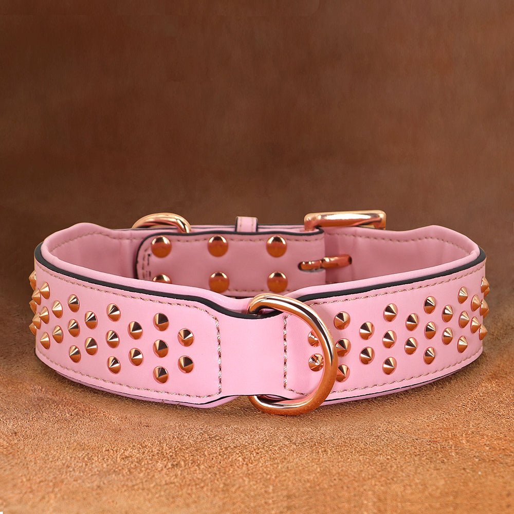 Pink leather pet collar with gold studs from Pet Panache Boutique, featuring a stylish and durable design for small to medium pets.