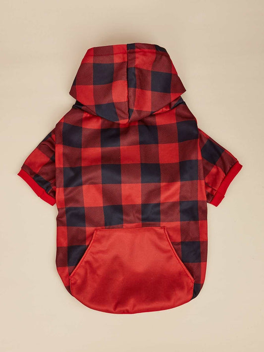 Red and black checkerboard pet shirt with hood and pocket, soft and durable fabric.
