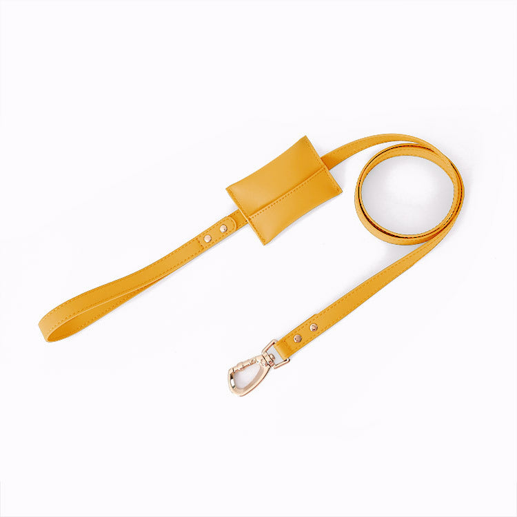 Canary yellow leather pet leash from Pet Panache Boutique showing a close-up of the smooth leather strap and metal clasp.