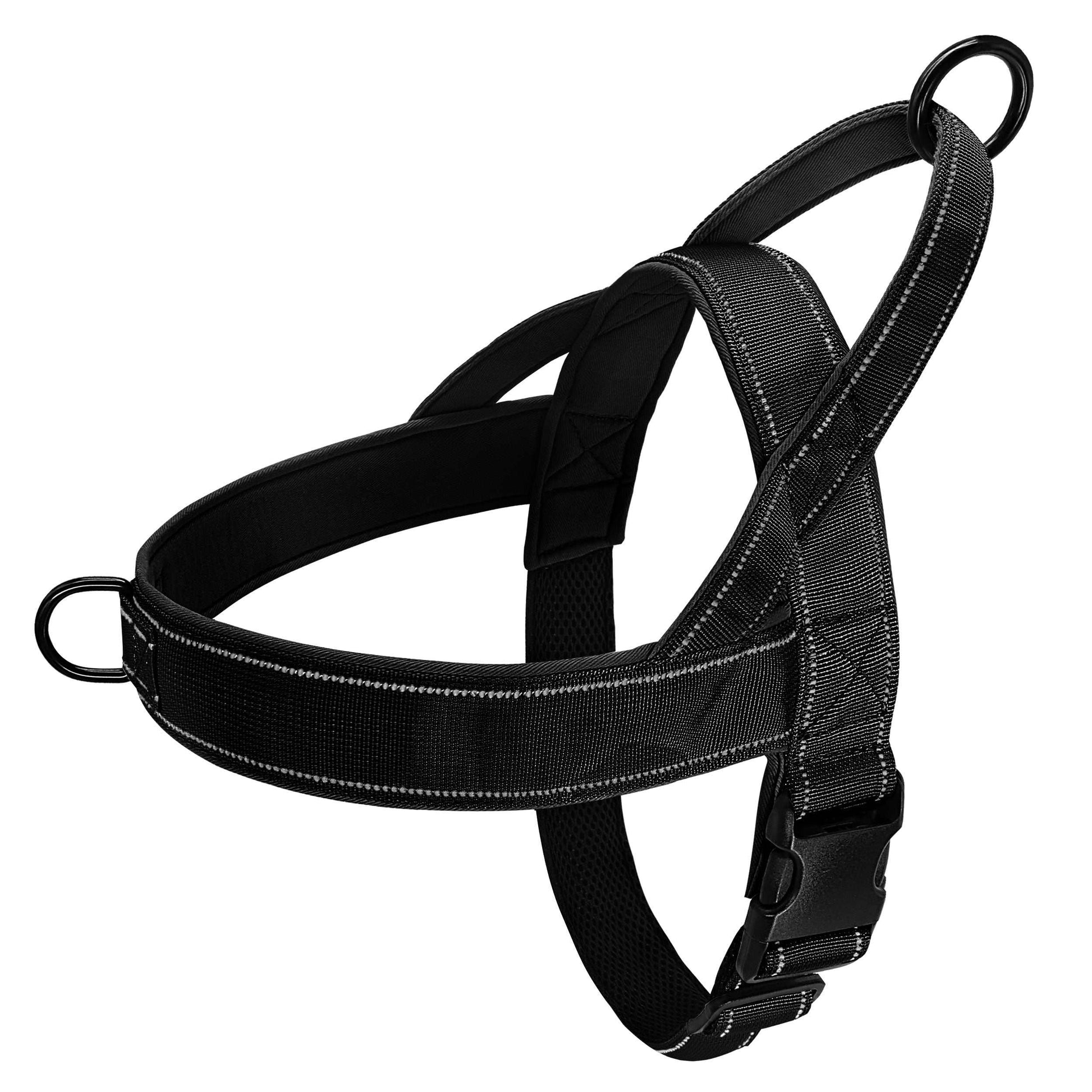 Reflective black nylon pet harness with secure fit and padded straps for comfort