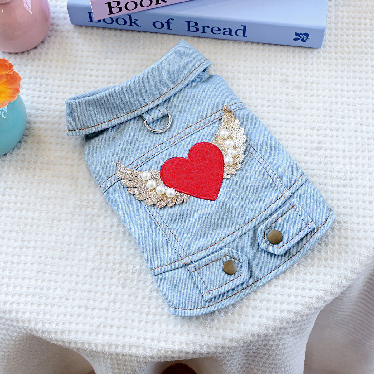Denim winged heart pet vest by Pet Panache Boutique, stylish pet vest with winged heart design for small dogs or cats.