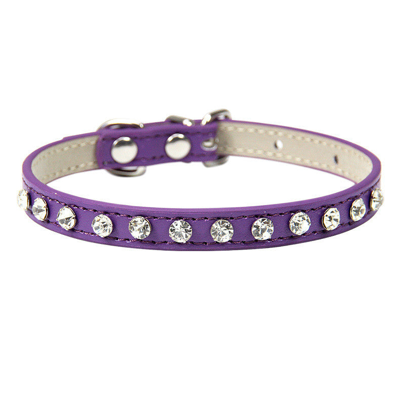 Purple leather rhinestone pet collar with sparkling embellishments, designed for small pets from Pet Panache Boutique.