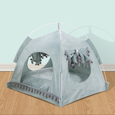 Light Blue Cushioned Pet Tent With Bow & Tassels