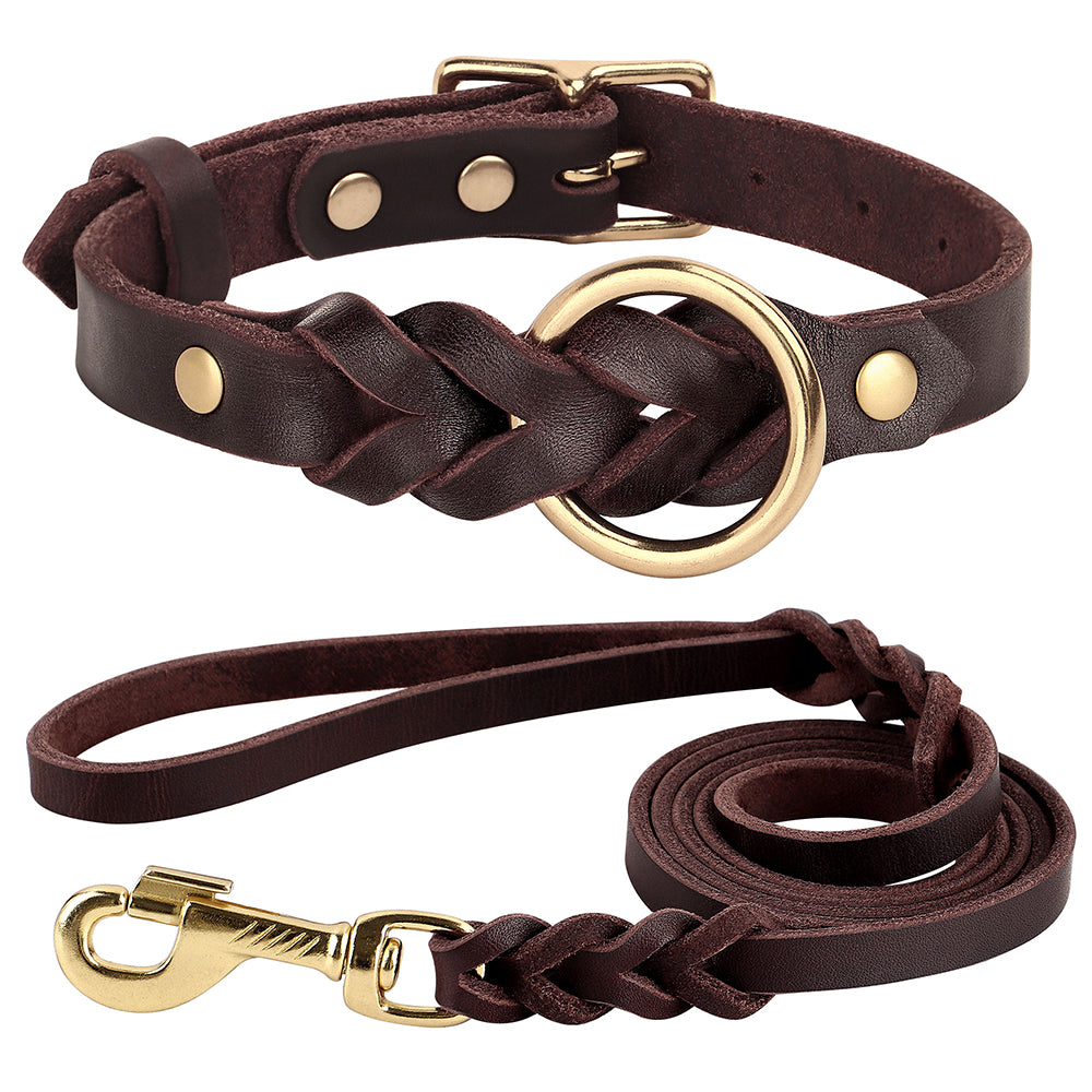 Genuine brown leather pet collar and leash set with braided design, from Pet Panache Boutique, for dogs or cats.