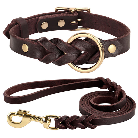 Genuine Leathe Brown Braid Pet Collar & Leash Set