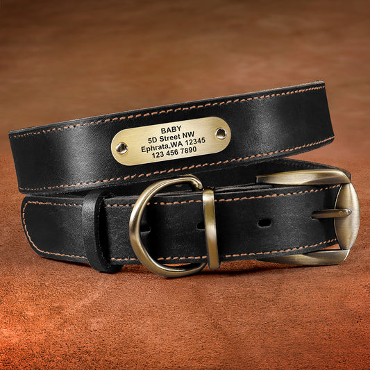 Personalized black genuine leather pet collar with engraved name tag, made by Pet Panache Boutique for dogs or cats.
