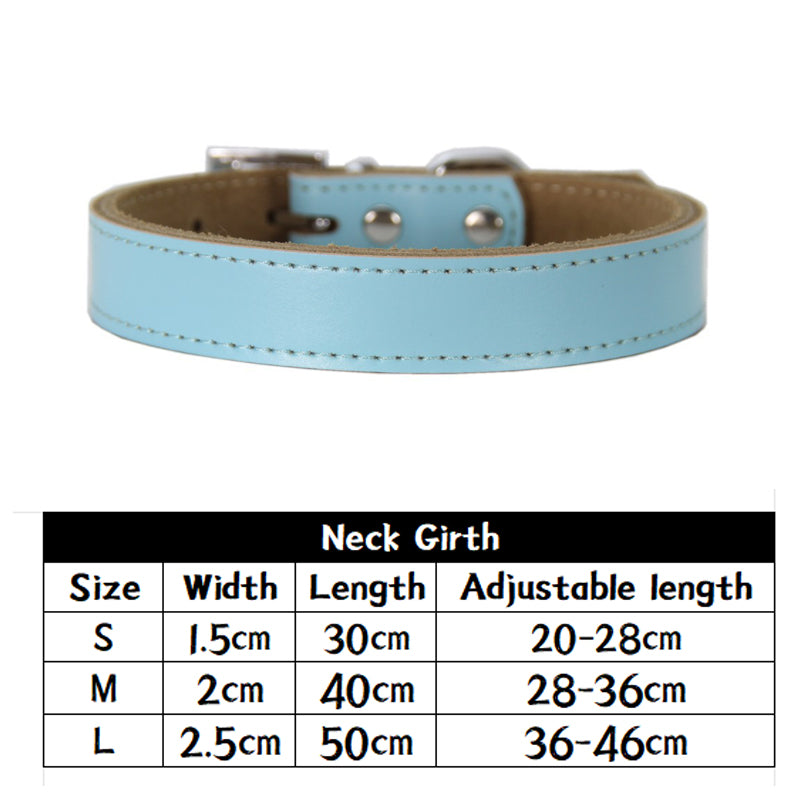 Blue leather pet collar with metal buckle and adjustable strap, stylish and durable accessory for dogs or cats from Pet Panache Boutique.