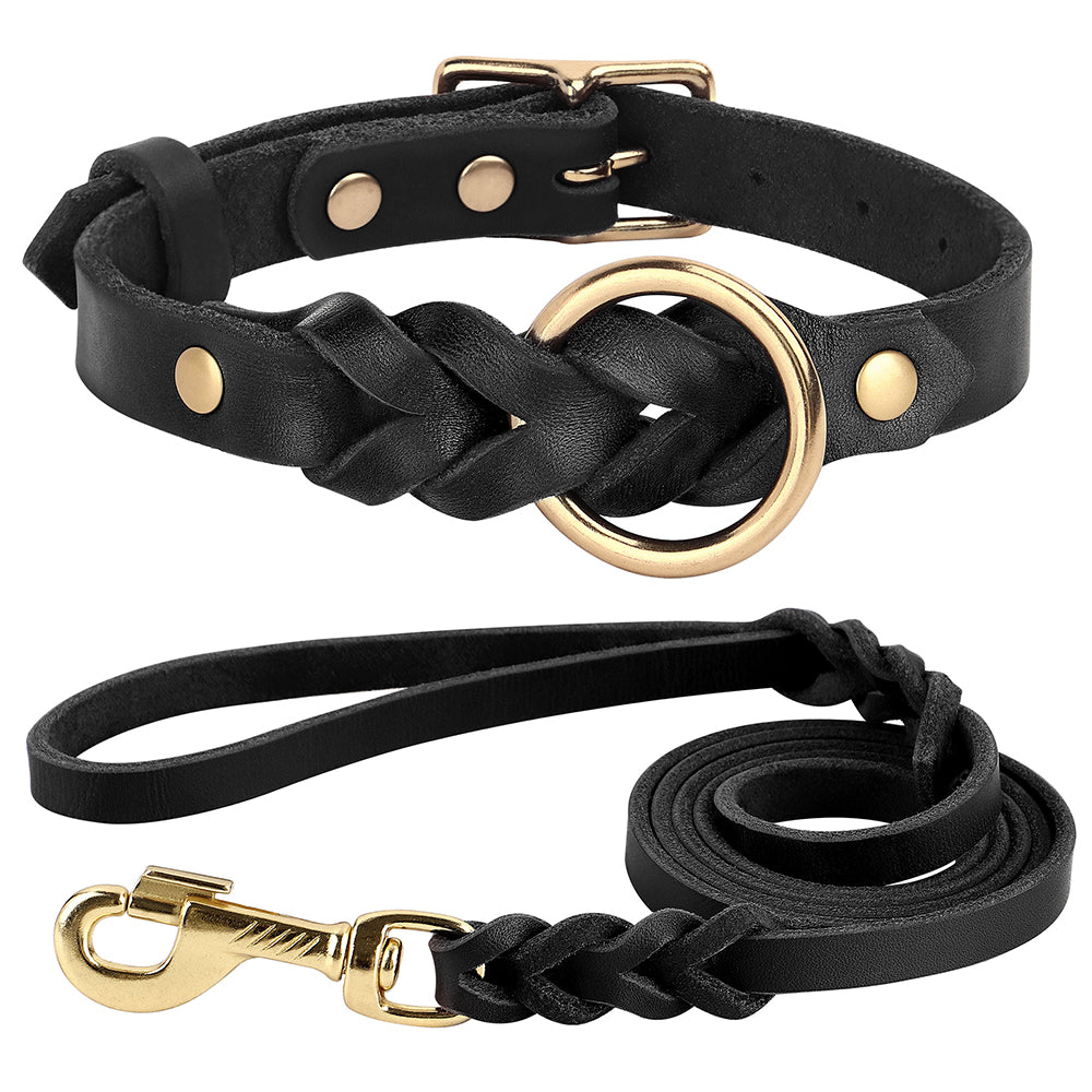 Genuine black leather pet collar and leash set with metal hardware, crafted by Pet Panache Boutique.