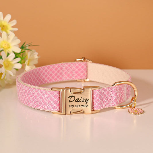 Pastel multicolor mermaid pattern collar in pink with gold buckle and personalized name tag for pets