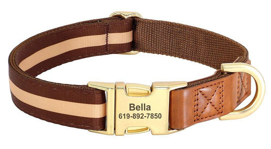 Brown and tan striped personalized pet collar with leather buckle and gold hardware