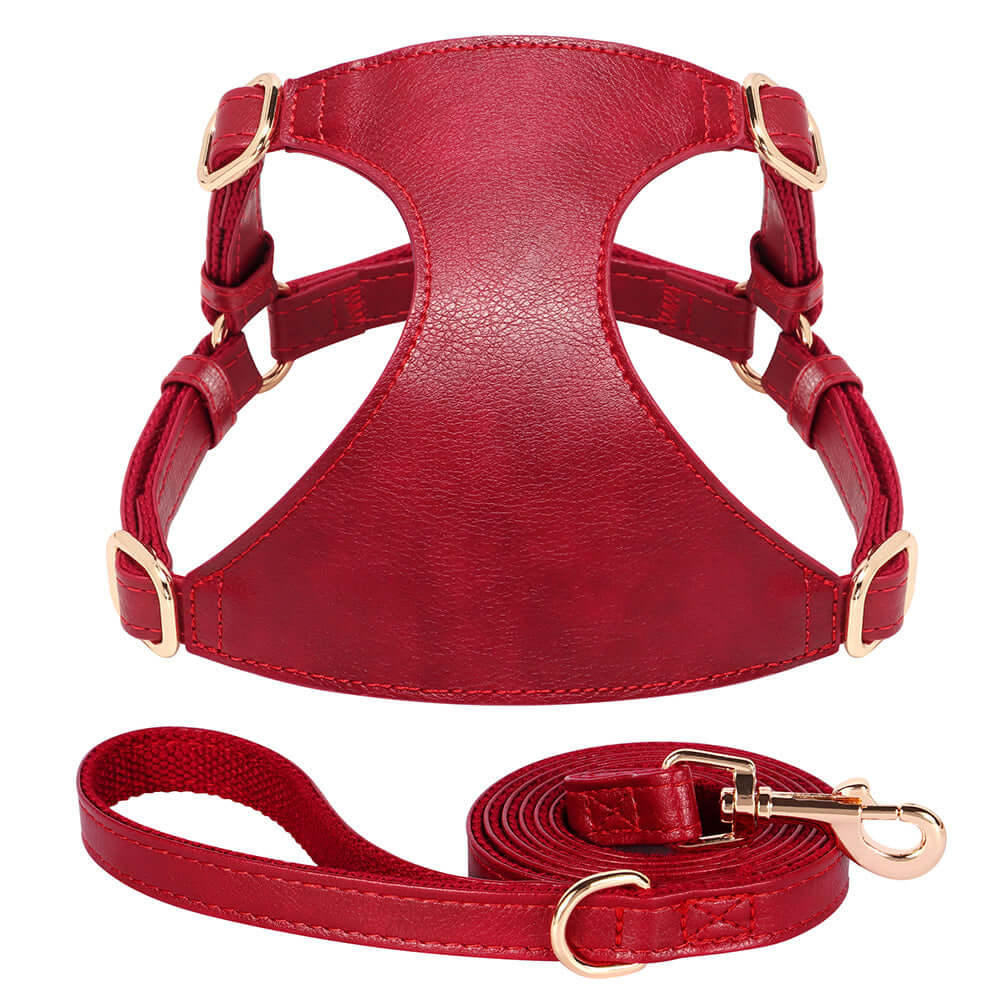 Crimson red leather pet harness and leash set displayed on a white background, showcasing its sleek design and premium quality.