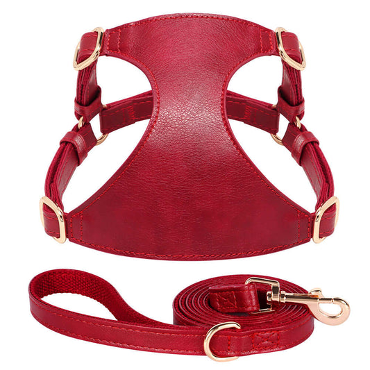 Crimson red leather pet harness and leash set displayed on a white background, showcasing its sleek design and premium quality.