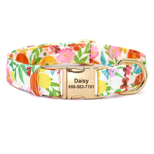Personalized Tropical Escape pet collar with vibrant floral design and durable gold buckle for pets
