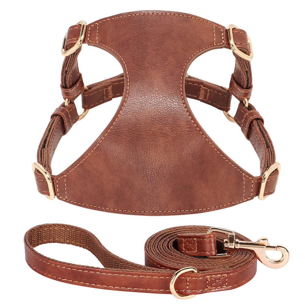 Chestnut brown leather pet harness and leash set by Pet Panache Boutique displayed on a neutral background.