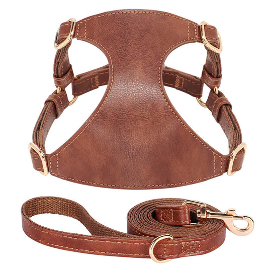 Chestnut brown leather pet harness and leash set by Pet Panache Boutique displayed on a neutral background.