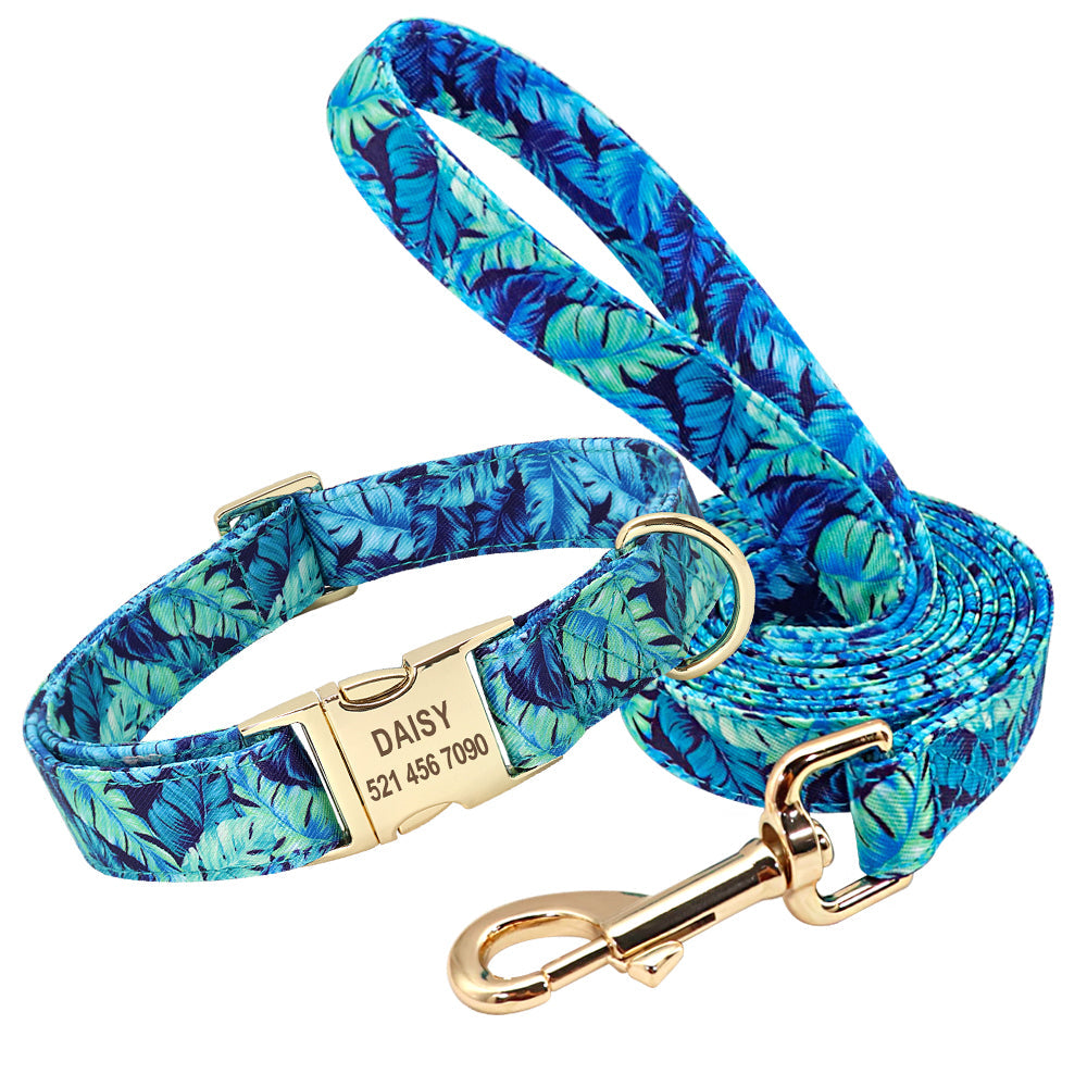 Blue Palm patterned personalized pet collar and leash set with gold hardware