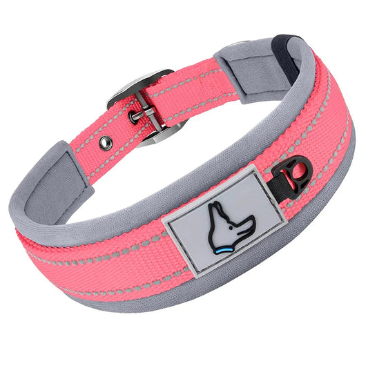 pink reflective pet collar with durable nylon and reflective stitching for safety and comfort