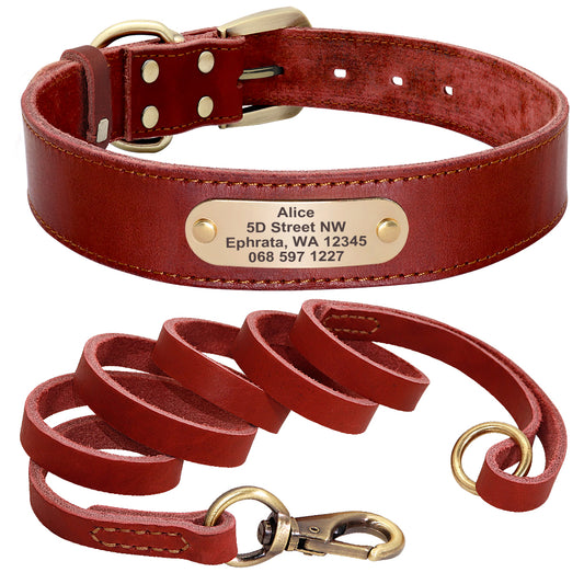 Personalized rustic brown leather pet collar and leash set with engraved name tag, crafted by Pet Panache Boutique.