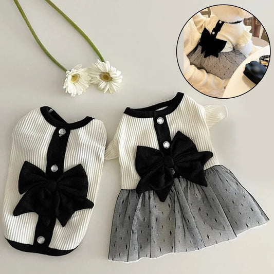 Black & White Tulle Pet Dress with Velvet Bow or Jumper with Velvet Bow