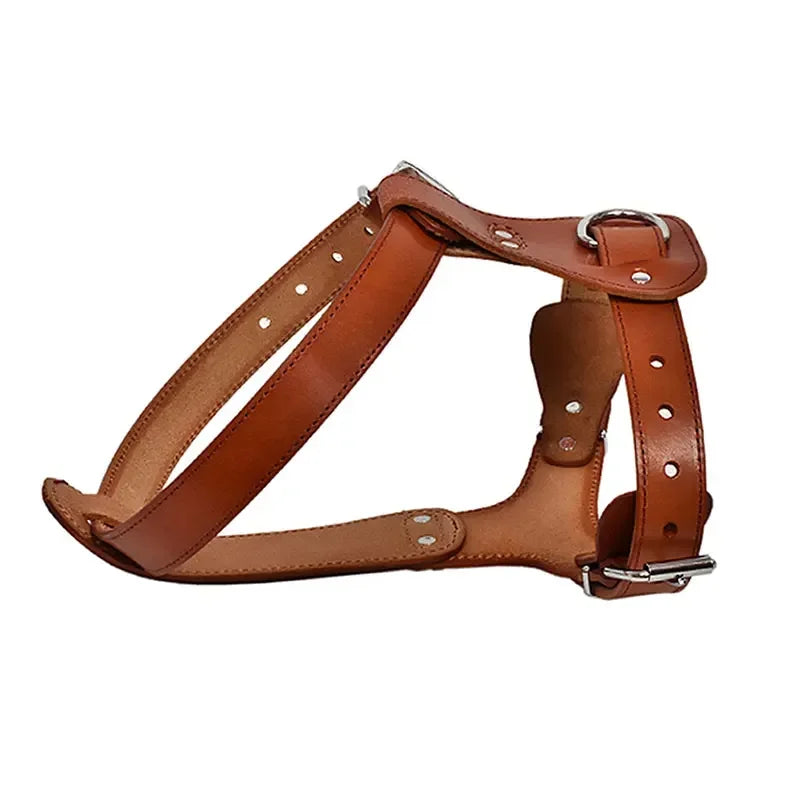 Walnut genuine leather pet harness from Pet Panache Boutique, featuring adjustable straps and durable design for small animals.
