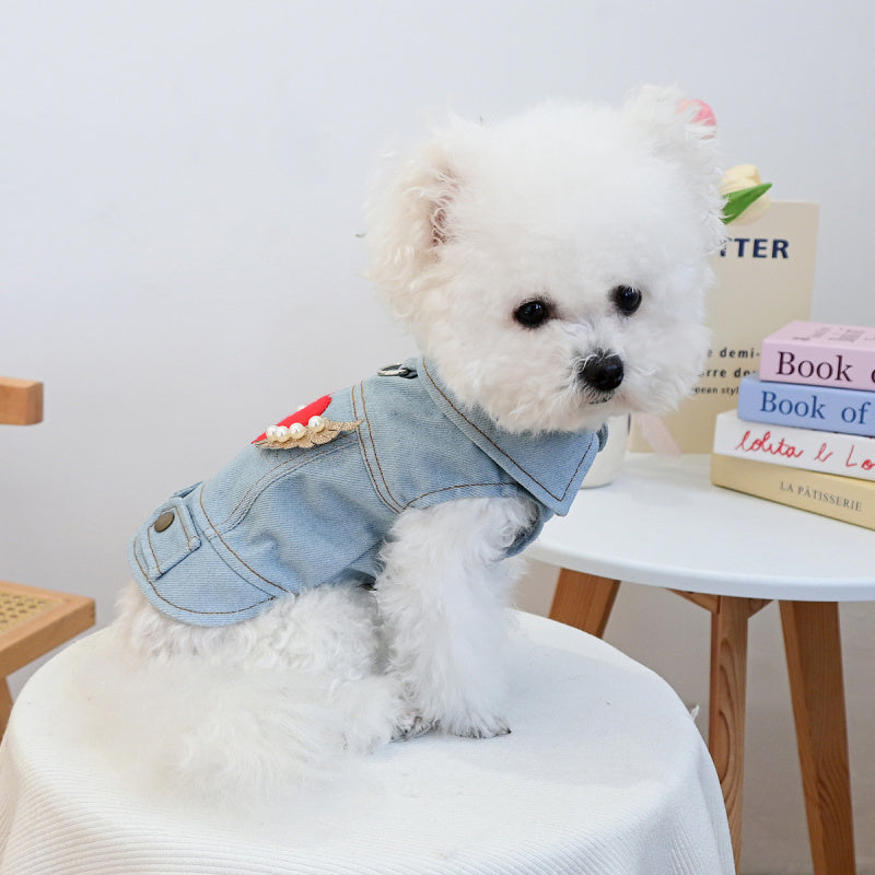Denim winged heart pet vest by Pet Panache Boutique, featuring a stylish blue denim design with winged heart embellishment for pets.