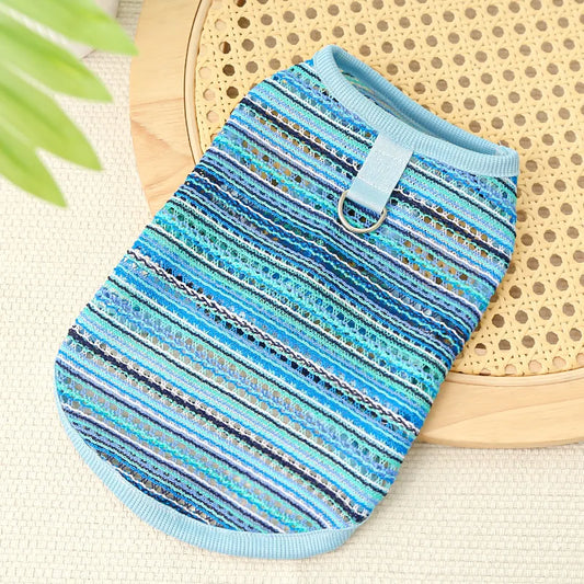 Blue Southwest striped pet vest with leash hook for secure fit and comfort