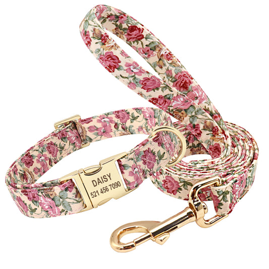 Rose Vine Pattern Personalized Pet Collar & Leash Set